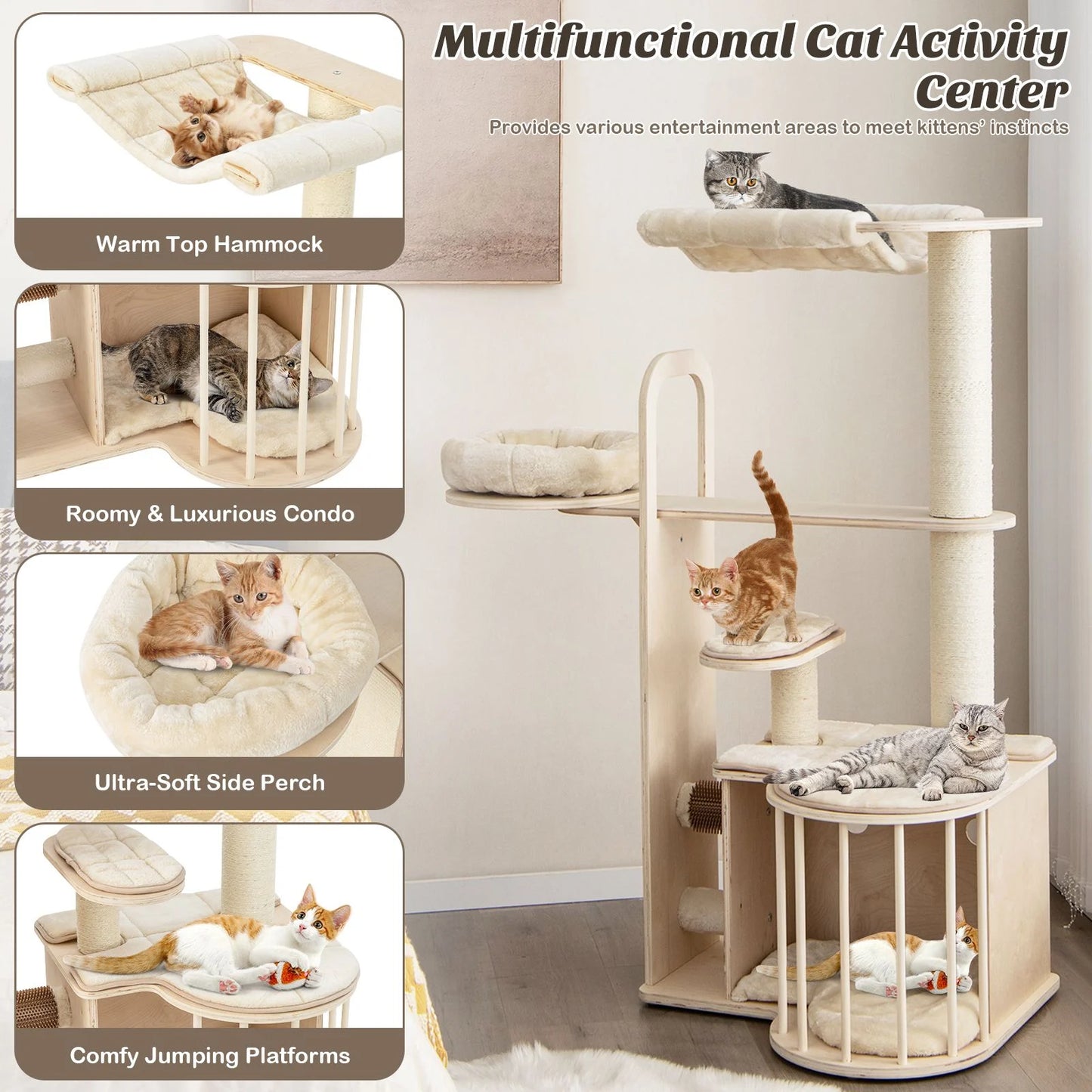 Tall Cat Tree with Hammock Condo and Sisal Scratching Posts
