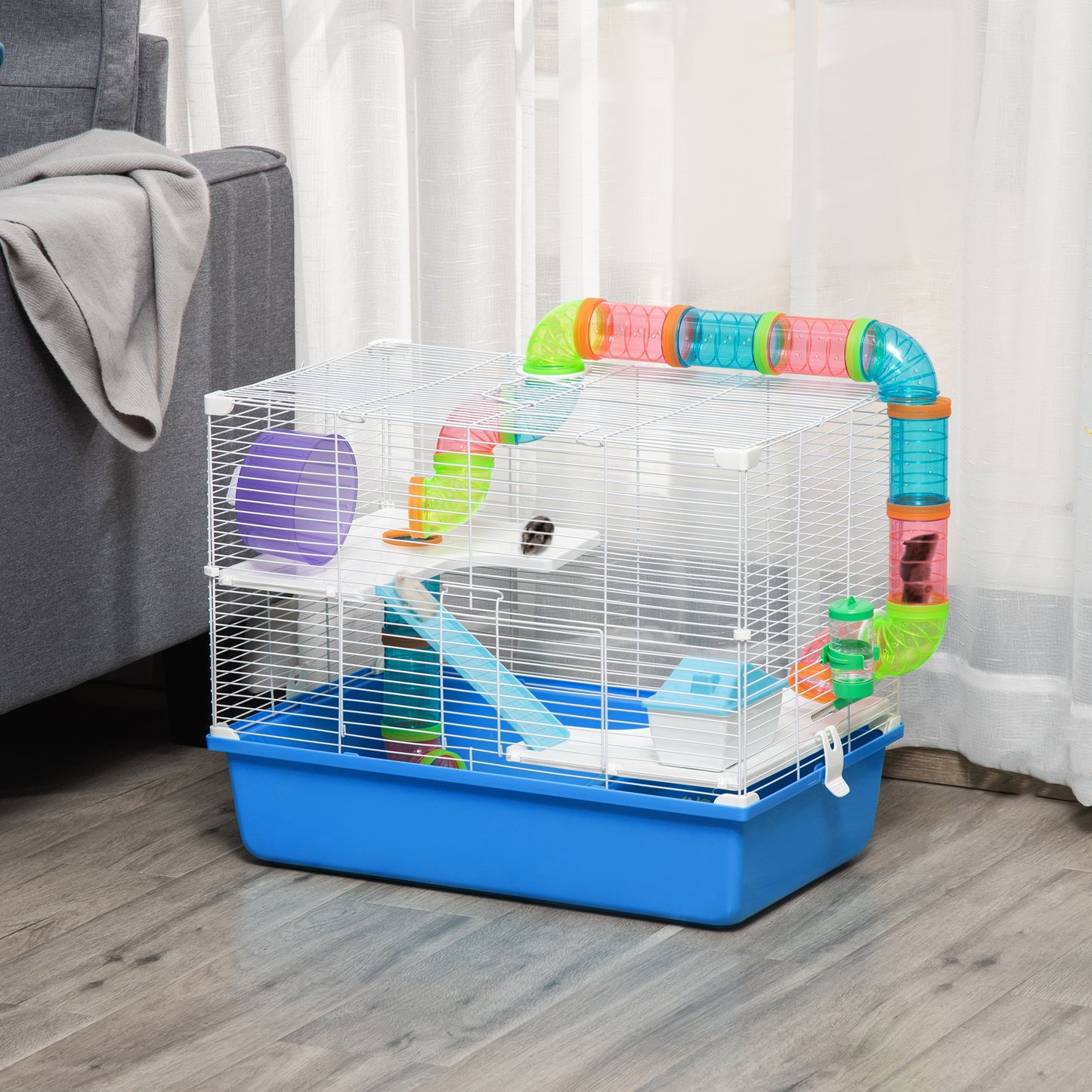 bes ExercPawhut Hamster Cage W/ Tuise Wheel, Water Bottle, Food Dish - Blue