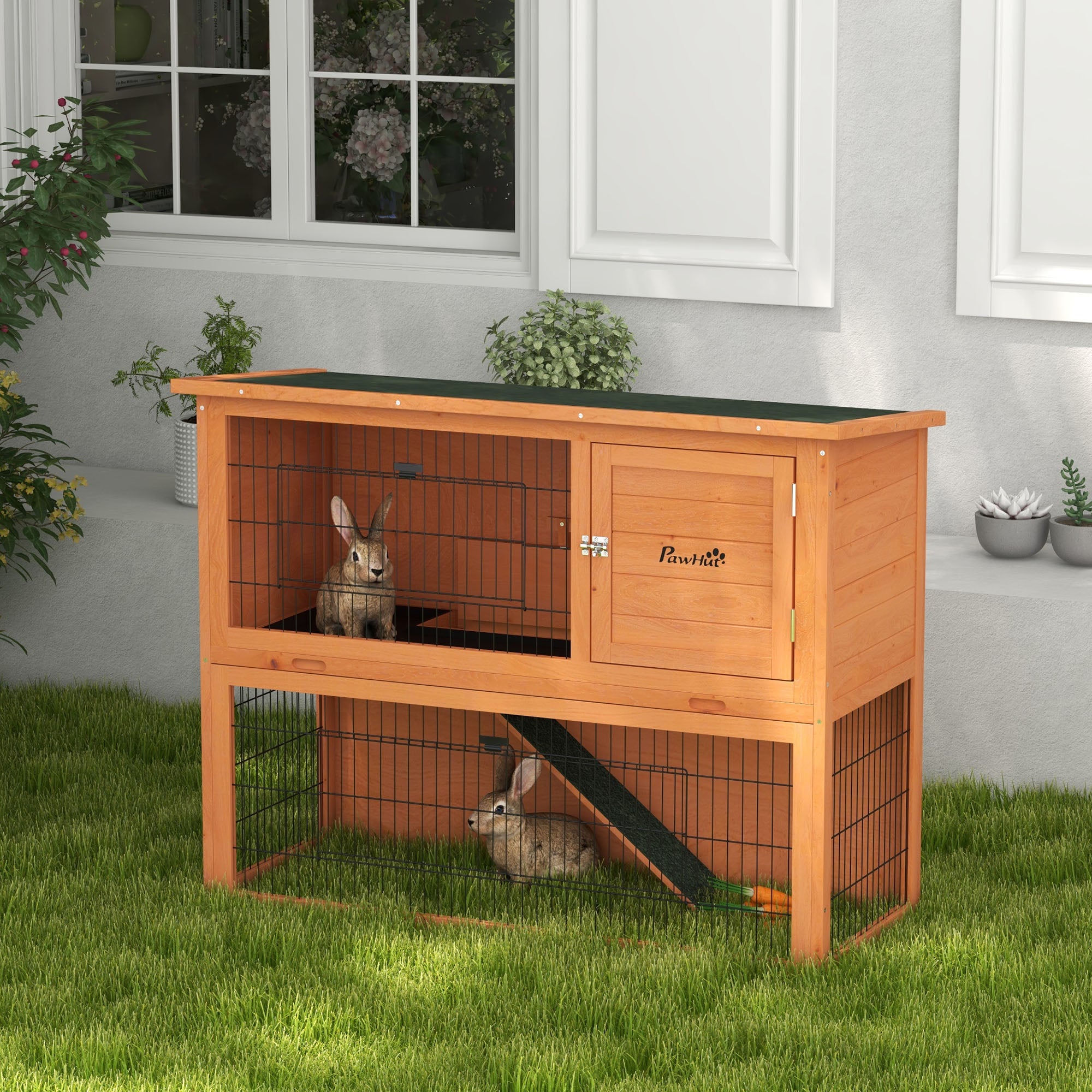 Two-Tier Rabbit Hutch Cage with Run, Doors, Tray, Ramp, Asphalt Roof